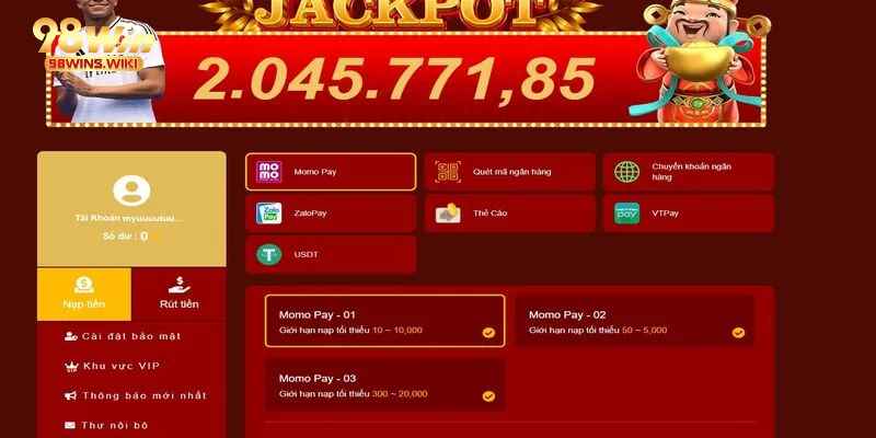Đa dạng phương thức nạp rút tiện lợi tại 98Win